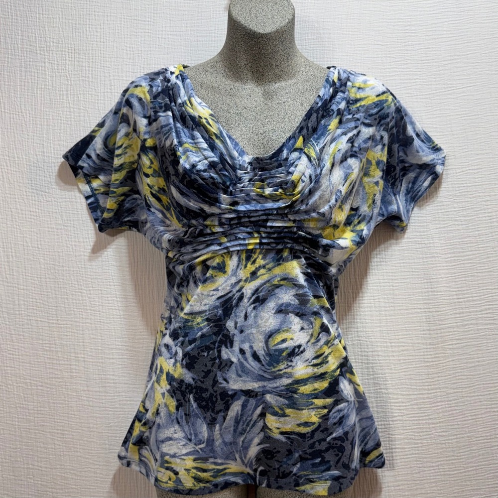 INC International Concepts‎ Ruched V-Neck Top Womens S Blue Yellow Floral Office